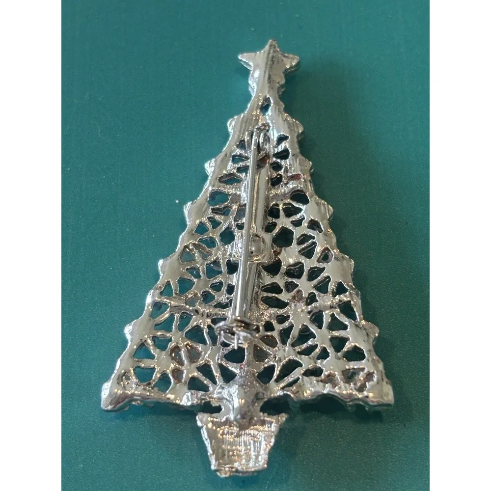Pink Rhinestone Iridescent Christmas Tree Brooch Vintage And Cute Snowman Pin